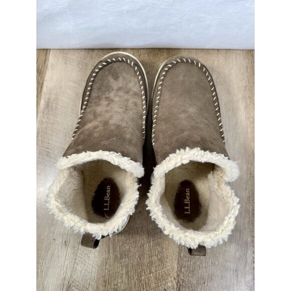 LL Bean Sherpa Lined Mountain Slippers Womens 10 Brown Suede Leather Booties Moc - Picture 5 of 9